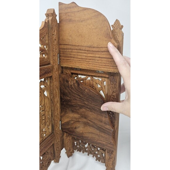 Vintage 16” Hand Carved Wood Folding Corner Display Shelf 2 Tier Owl India - Picture 11 of 16